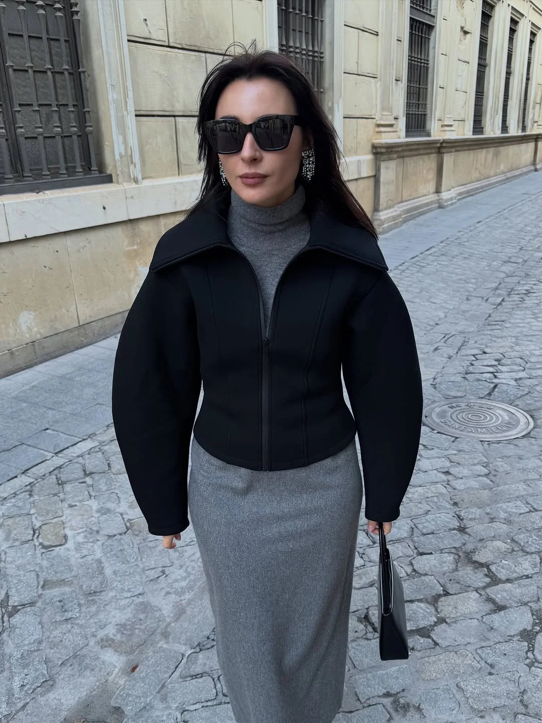 Women Coat Neoprene Jacket Black Long Sleeve Zip-Up Collared Fitted Top Casual Outerwear Spring New Woman Clothes Daily Outfit