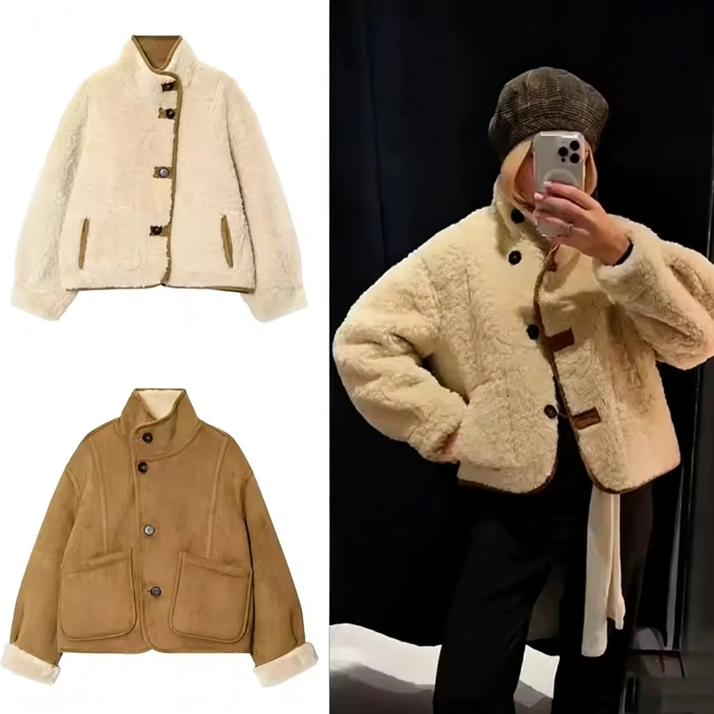 Women 2025 Double-Sided Wear Lamb Velvet Coat Women's Fashion Stand Collar Single Breasted Pocket Short Jacket Lady Outerwear