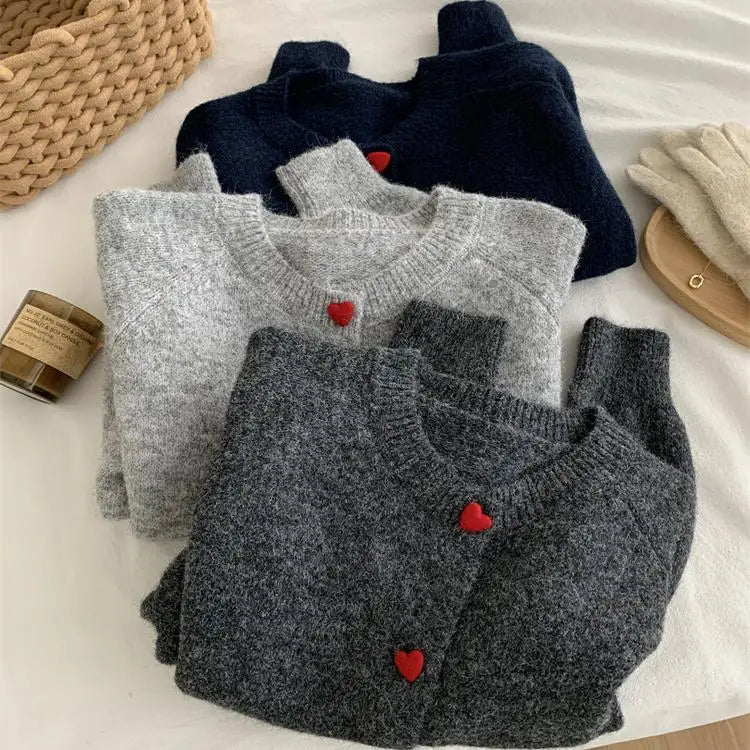 Deep Grey Wool Knitted Cardigan For Women 2025 Autumn Winter Soft And Sticky Warm Love Buckle Shoulder Sleeves
