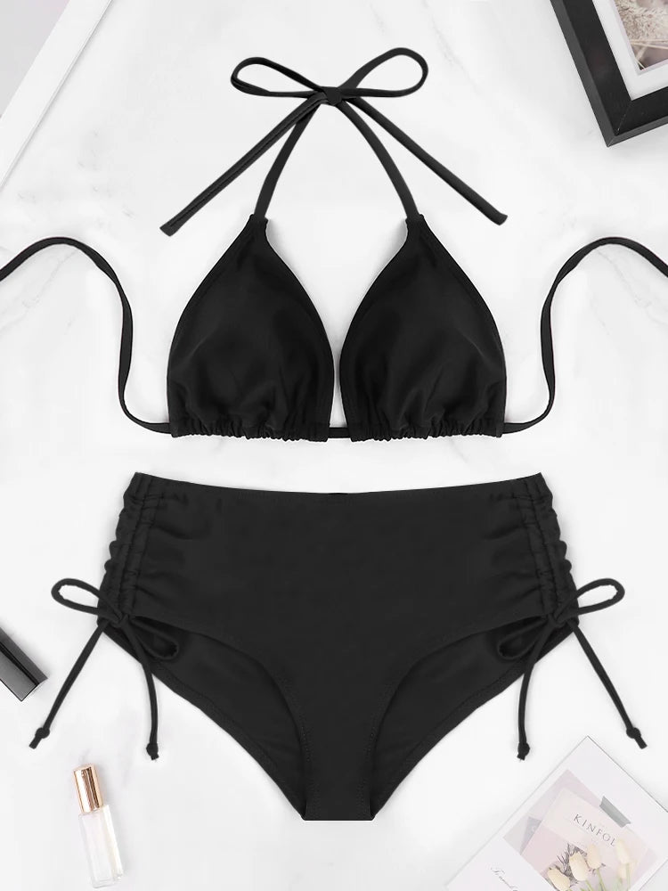 2 Pcs Set Women's Bikini Split Set Summer Leisure Vacation Style Hanging Neck Bareback Strap Bikini Set Beach Women's Swimsuit