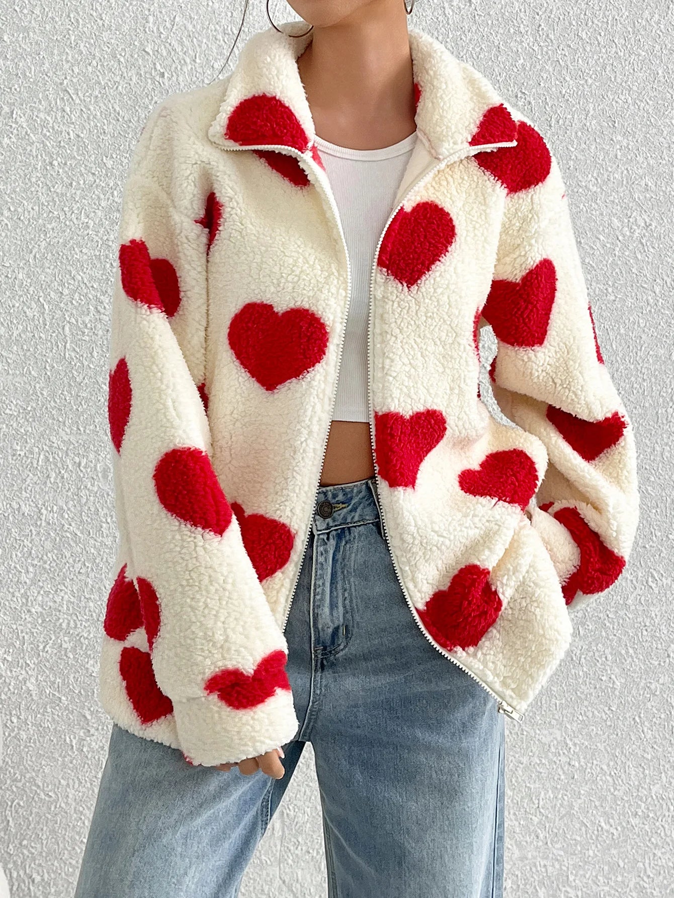 Autumn Winter Women Fleece Warm Plush Zipper Love Heart Printed Jacket Casual Women Fleece Coat Clothes Women Cardigan Wears
