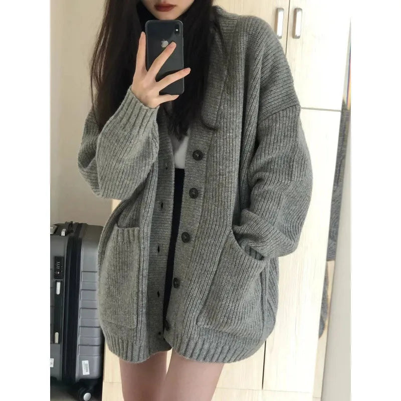 Korean version V-collar lazy wind cardigan Japanese department simple sweater female spring and autumn winter casual loose knit