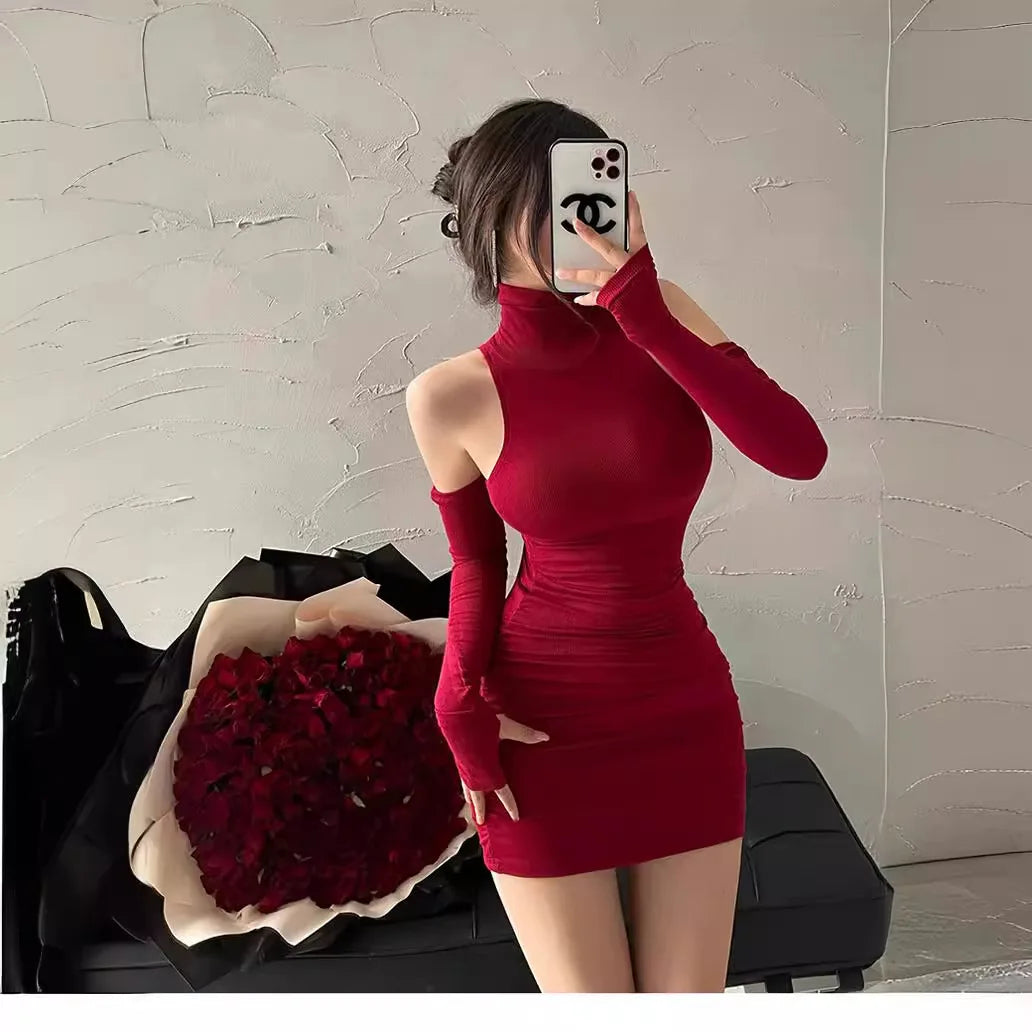 Summer Sexy High Neck Tight Dress Oversleeve Pleated Bottom Wrapped Hip Dress Women Bodycon