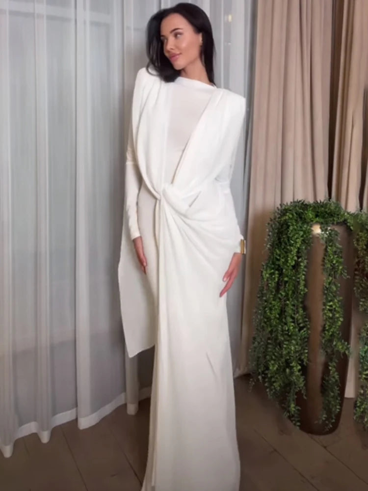 Sisterlinda Shawl Patchwork Dress Women Swing Bandage Ruched New Style Sexy Evening Prom Party Stretch Slim Elegant Maxi Bodycon