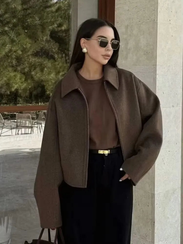 HH Fashion Brown Zipper Woolen Jacket For Women Elegant Lapel Long Sleeve Short Coats Vintage Autumn Lady Street Outerwear