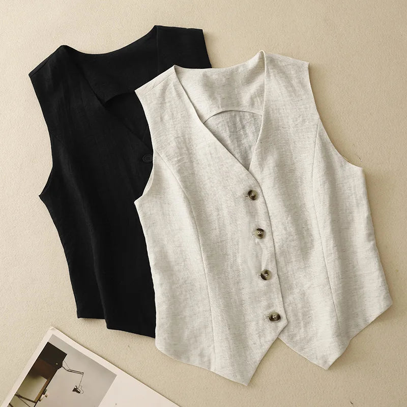 Women's plus-size linen blend V-neck waistcoat spring summer new slim sleeveless suit vest black beige casual top