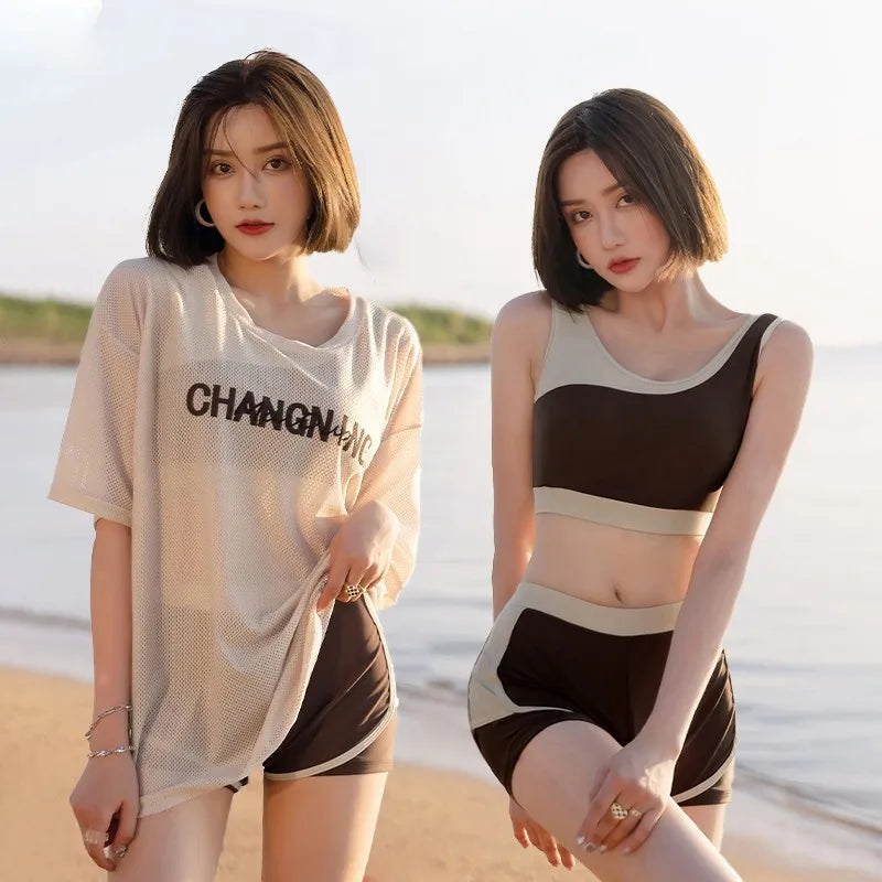 3 in 1 Swimsuit 2023 Woman Two-Piece Set Triangle Bikini High Waist Korean Women's Solid Bikini Hot Spring Bathing Suit