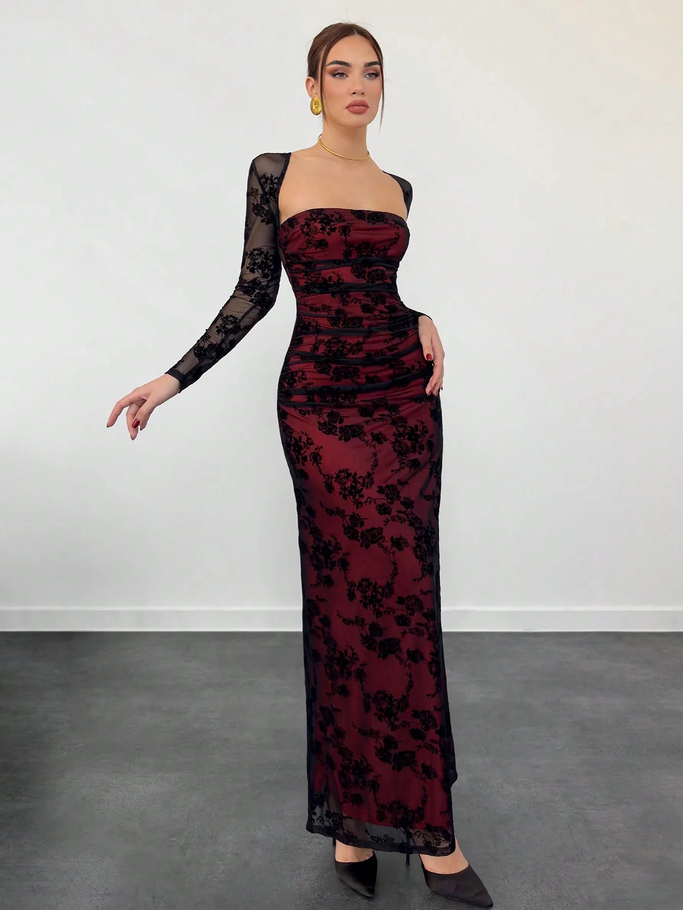 Burgundy Floral Lace Long Sleeve Ruched Bodycon Maxi Dress with Sheer Mesh Sleeves