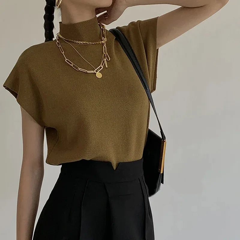 Summer French style senior sense half high neck jacket knit waistcoat design sense loose short short-sleeved sweater top