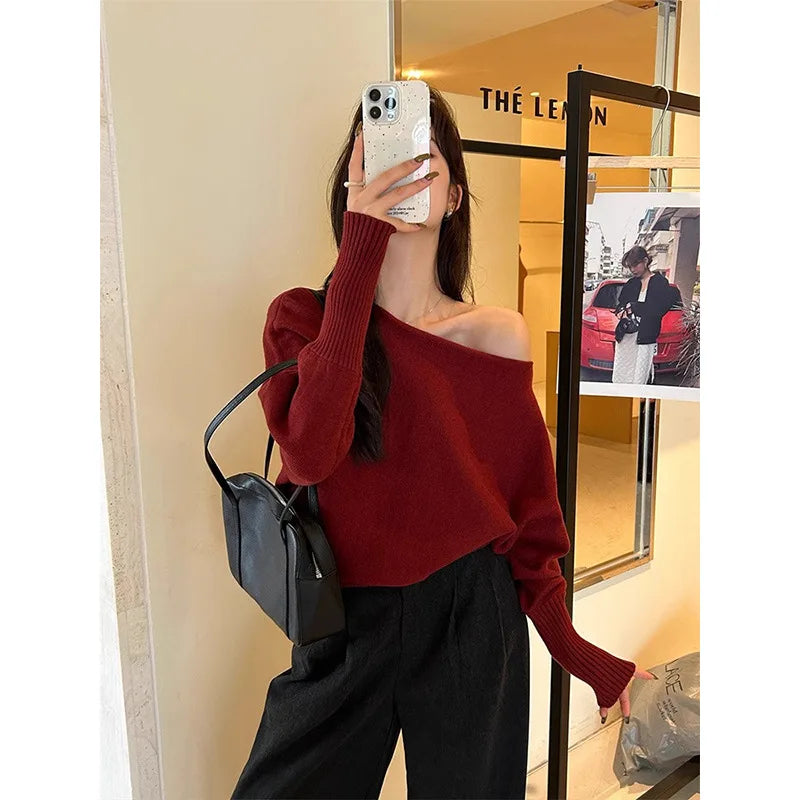 Batwing Long sleeve Knitted Pullover Women 300g Thick Off shoulder Top Korean Fashion Sweater Loose Casual Autumn Outwear Pull