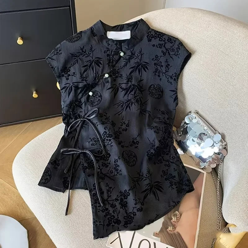 Retro thin shirt, new Chinese qipao top, black jacquard shoulder short sleeved, summer mature and fashionable women's clothing