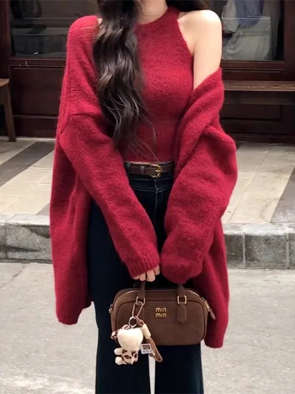 Lazy and sophisticated autumn outfit, solid color sweater cardigan jacket, women's autumn and winter knitting 2025 new top set