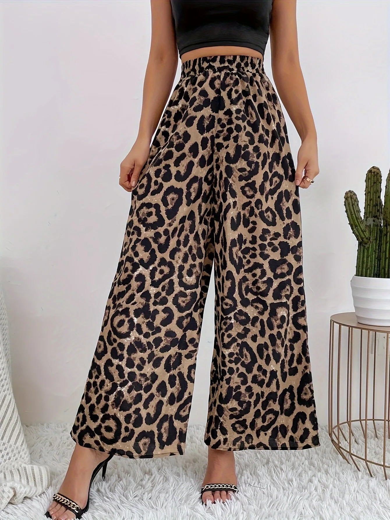 2025 summer INS trendy temperament leopard print casual straight leg women's pants versatile elastic waist wide leg pants