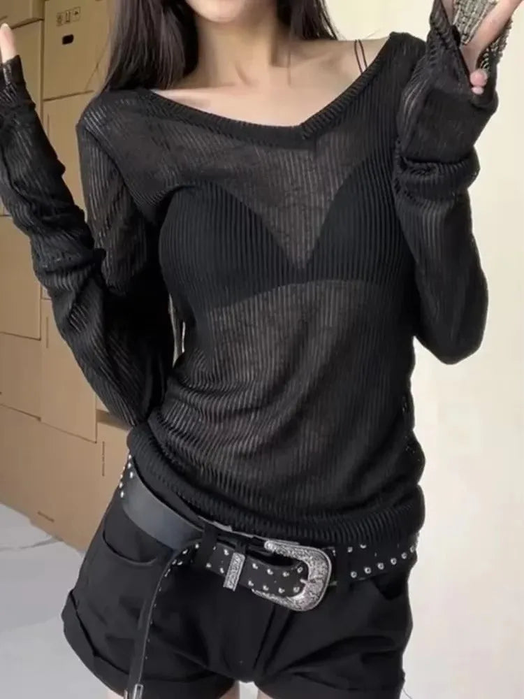 Spring V-neck Knitted Sweater Hoodie Pure Desire Low Neck Micro Transparent Sunscreen Hoodie Women's Pullover Basic T-shirt