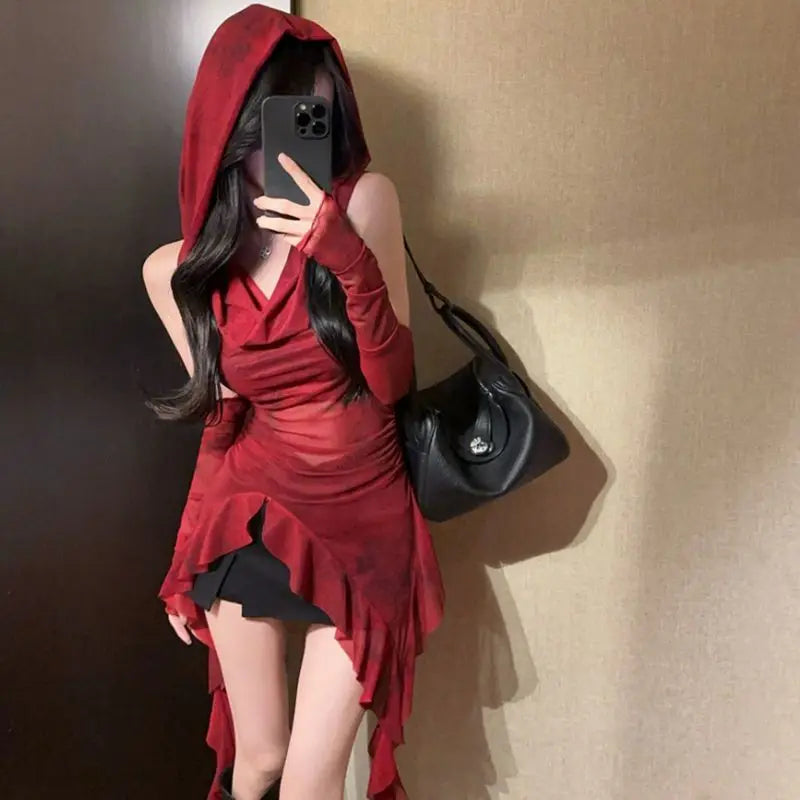 Red Mesh See Through Top Streetwear Hooded T-shirt Irregular Ruffle Oversleeve Tops for Women Sexy Y2k Clothing