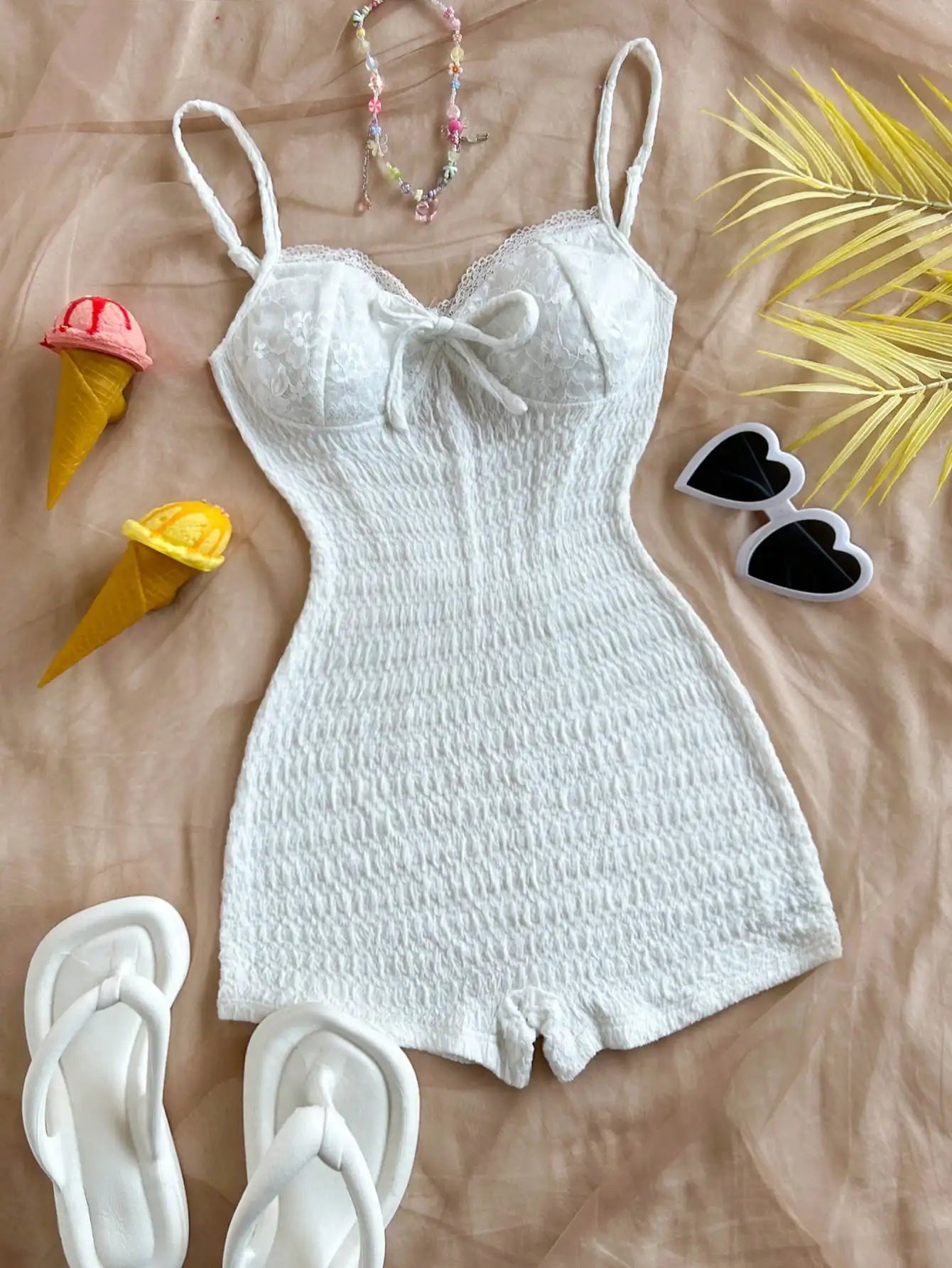 2025 New sexy Spice bodysuit solid color lace edge bow halter jumpsuit bag hip shorts women's swimsuit