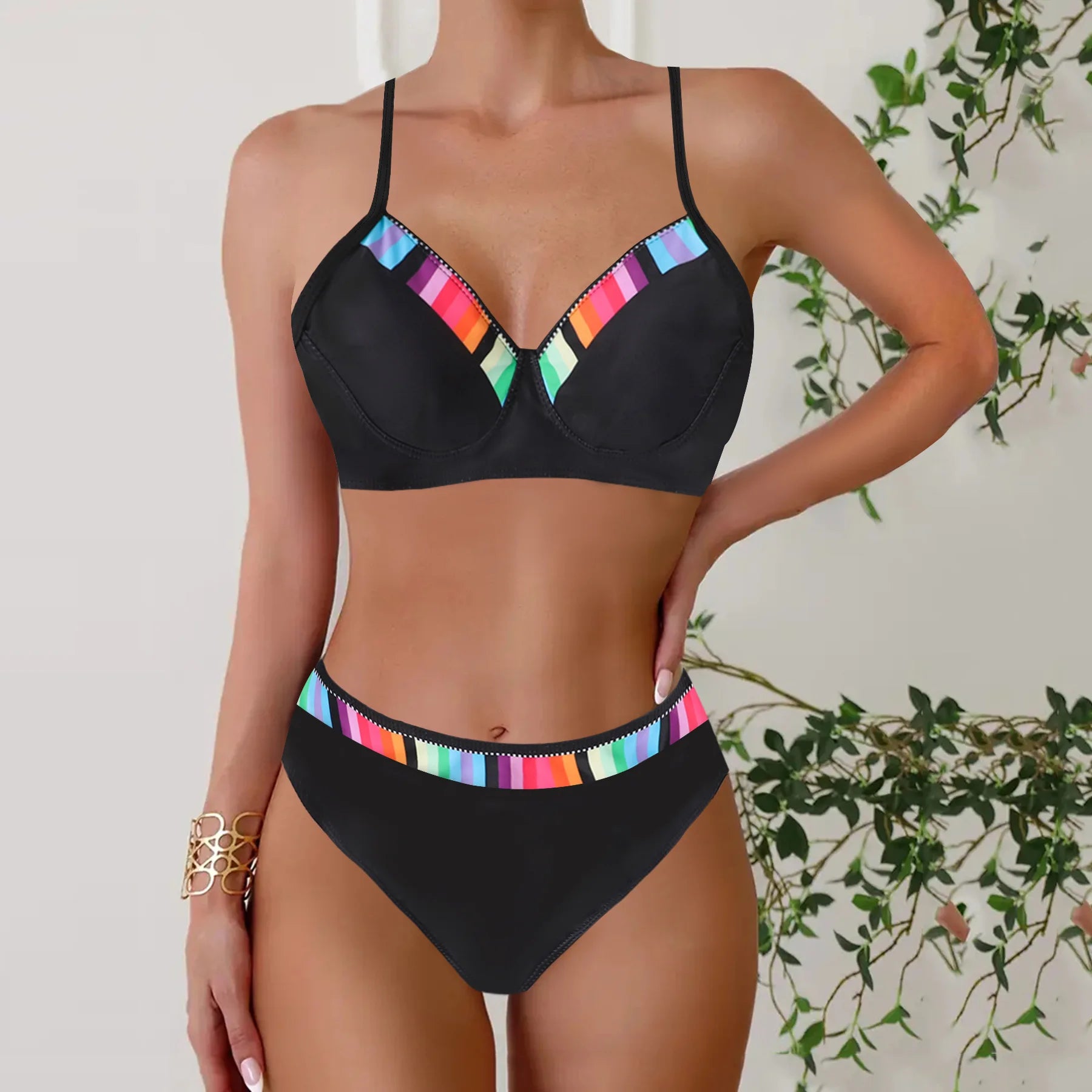 2025 New Split Large Size High Waist Grid Cross Bikini Set Swimsuit Women's Sexy Lace up Two Piece Gradient Women's Swimsuit
