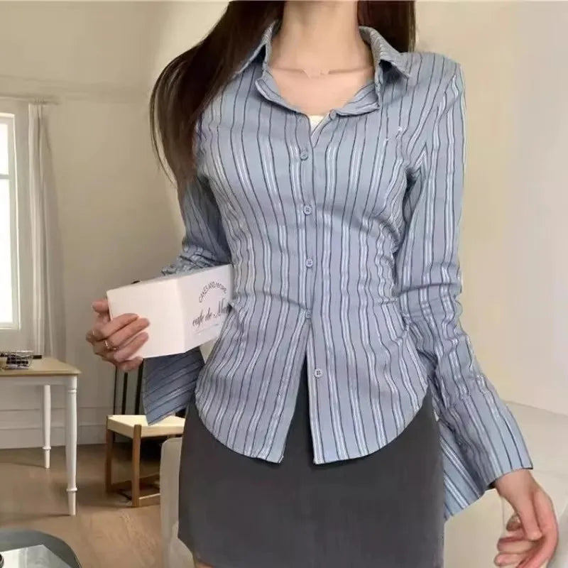 2025 Korean Blue Striped Long Sleeve Shirt Jacket Women's Spring Design Waist Cinching Slimming Top Women Clothing
