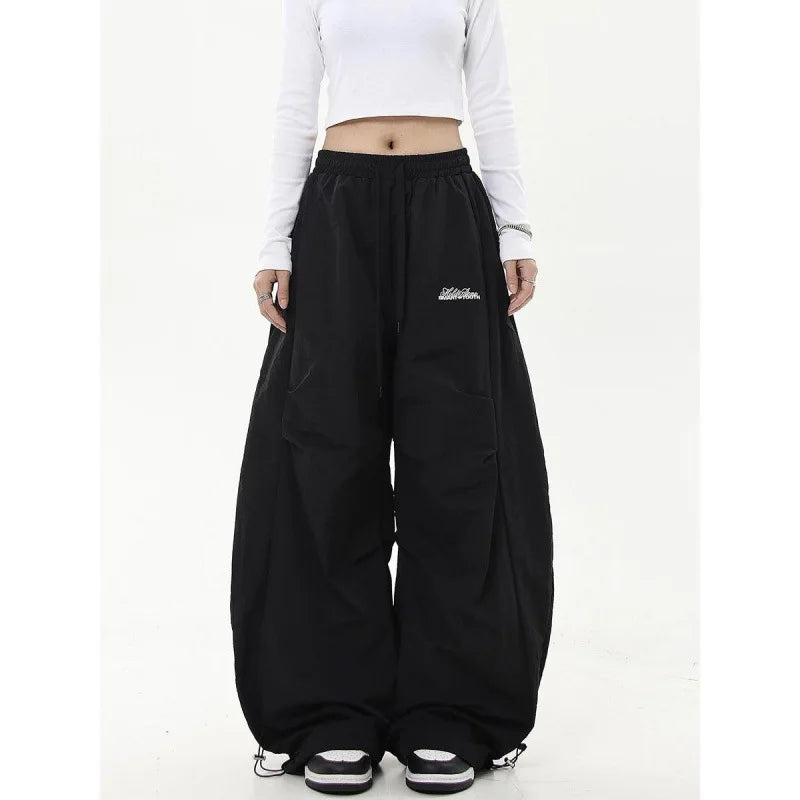 American retro high-end pleated paratrooper work pants, high waisted drawstring pants, loose wide leg floor pants